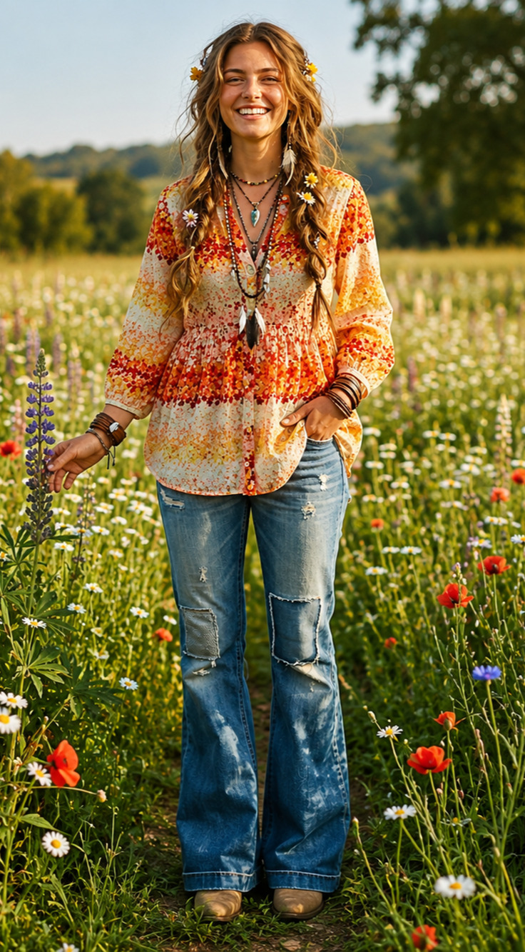 Hope Springs Blouse Womens XL Orange Sunset Clip Polka Dot Colorful Smocked Boho